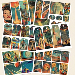 Może przedstawiać: Kolekcja etykiet i kart w stylu retro z motywem kosmicznym. Ilustracje przedstawiają rakiety, astronaut&oacute;w, planety i obrazy science fiction w odcieniach niebieskiego, pomarańczowego i czerwonego. Projekty nawiązują do estetyki z połowy wieku.
