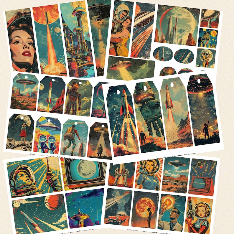 Może przedstawiać: Kolekcja etykiet i kart w stylu retro z motywem kosmicznym. Ilustracje przedstawiają rakiety, astronaut&oacute;w, planety i obrazy science fiction w odcieniach niebieskiego, pomarańczowego i czerwonego. Projekty nawiązują do estetyki z połowy wieku.