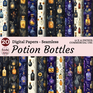 May include: A collection of 20 digital seamless papers featuring potion bottles in various designs. The bottles are in shades of blue, gold, and purple, with cork stoppers. The text on the image reads "Potion Bottles" and "12 X 12 INCHES COMMERCIAL USE".