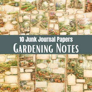 Puede incluir: Una colección de diez papeles de diario basura con temática de jardinería. Los papeles presentan ilustraciones de acuarela de escenas de jardín, etiquetas en blanco y páginas rayadas. El texto "Gardening Notes" está en la imagen.