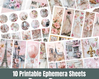 May include: A collection of pink and cream-colored printable ephemera sheets with floral, butterfly, and Parisian-themed designs. Includes envelopes, tags, and circular elements. The text "10 Printable Ephemera Sheets PINK PARIS" is at the bottom.