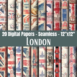 May include: A set of 20 digital papers, each 12"x12" (30.48 cm x 30.48 cm), with seamless designs. The papers showcase London-themed patterns, including the Union Jack flag, famous landmarks, and illustrations of British culture.