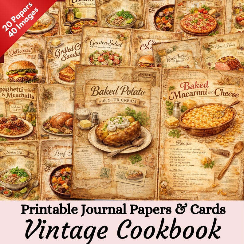 Vintage Food Junk Journal Pages, 40 Retro Recipe Papers, Kitchen ...