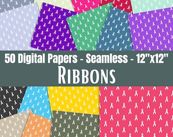 Ribbons Seamless Patterns, 50 Colours, Scrapbook, Craft Papers, 12x12in, Digital Download