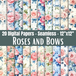 May include: A collection of 20 seamless digital papers featuring pink roses and blue bows, measuring 12 inches by 12 inches. The text 20 Digital Papers - Seamless - 12"x12" ROSES AND BOWS is displayed across the centre of the image.