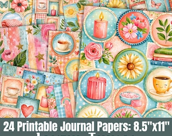 May include: A collection of 24 printable journal papers titled Joyful Things, measuring 8.5 inches by 11 inches. The papers feature colorful illustrations of flowers, candles, coffee cups, hearts, butterflies, and books in a collage layout.