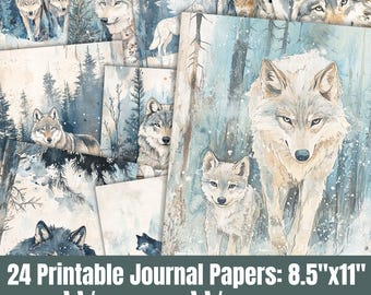 Winter Wolves Junk Journal Papers, Snowy Forest Animals Scrapbook Sheets, Digital Download