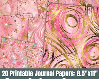 Pink Gold Glitter Journal Paper Pack, Sparkling Backgrounds, Scrapbook 8.5x11, Digital Download