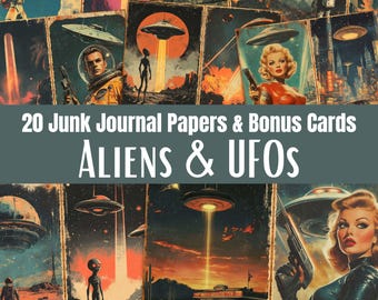Retro Sci-Fi Junk Journal Pages, Printable Alien, UFO, Space Scrapbook Paper
