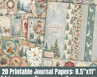May include: A collection of 20 printable journal papers featuring winter forest themes, including illustrations of foxes, owls, deer, rabbits, and pine trees. The designs incorporate text such as 'It's the most wonderful time of the year' and 'Winter blessings' on 8.5 inch by 11 inch sheets.
