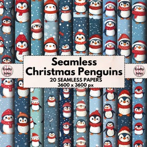 Modèles sans couture de pingouin de Noël, 20 papiers de Noël imprimables, usage commercial, motifs festifs pour albums de coupures, cartes, emballage cadeau