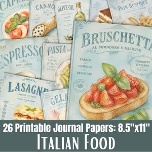 Pode incluir: Uma coleção de 26 papéis de diário imprimíveis com temas de comida italiana, incluindo ilustrações de bruschetta, lasanha, espresso e cannoli. Cada página exibe tipografia de estilo vintage e gráficos culinários em um fundo azul claro.