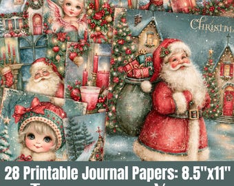 May include: A collection of 28 printable journal papers featuring Christmas scenes with Santa Claus, angels, snowy houses, and decorated trees. The text on the image reads 28 Printable Journal Papers: 8.5"x11" TRADITIONAL XMAS.
