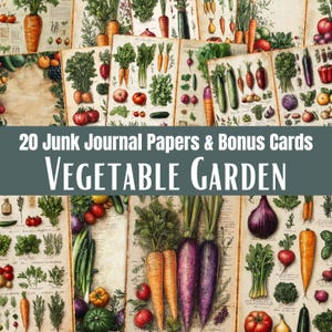 May include: A collection of 20 junk journal papers and bonus cards featuring a vegetable garden theme. The papers display vintage-style botanical illustrations of carrots, tomatoes, onions, and leafy greens on aged, parchment-like paper backgrounds.
