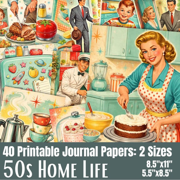 1950s Retro Kitchen Junk Journal Papers, Mid Century Modern Cooking Digital Scrapbook, 2 Sizes