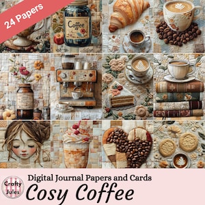 May include: A collage of digital journal papers and cards with a cozy coffee theme. The image features coffee cups, a croissant, coffee beans, and a vintage coffee maker. The text "24 Papers" and "Cosy Coffee" are visible.