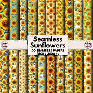 Sunflower Seamless Digital Papers, 20 Printable Patterns, Summer Florals, Flower Papers for Collages, Scrapbooks, Journals, Commercial Use
