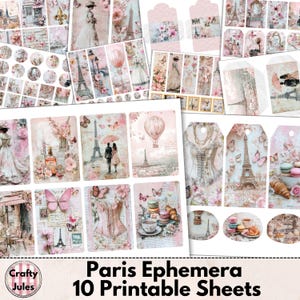 Folhas de itens efêmeros imprimíveis com tema de Paris – 10 páginas digitais de enfeites para diários de lixo, scrapbooking, colagens, suprimentos para artesanato em papel