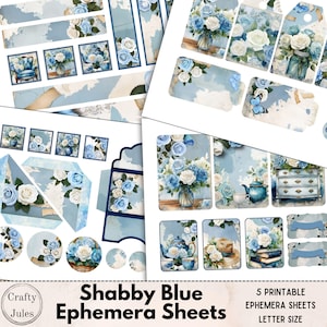 Shabby Blue Printable Ephemera Sheets – 5 Digital Pages, Journal Embellishments, Scrapbook Supplies, Instant Download