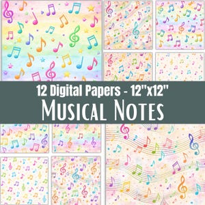 May include: A collection of 12 digital papers featuring colourful musical notes, treble clefs, and small stars set against a soft watercolour rainbow background. The text 12 Digital Papers - 12"x12" MUSICAL NOTES is displayed over the images.