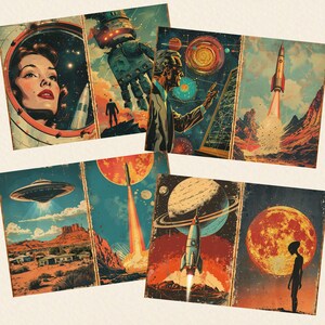 Może przedstawiać: Kolekcja grafik w stylu vintage o tematyce kosmicznej. Każda grafika przedstawia retro ilustracje rakiet, planet i postaci w stylu mid-century modern. Paleta kolor&oacute;w obejmuje odcienie pomarańczowego, niebieskiego i brązowego.