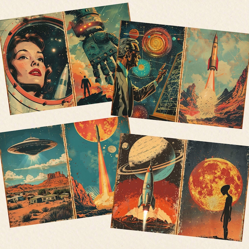 Może przedstawiać: Kolekcja grafik w stylu vintage o tematyce kosmicznej. Każda grafika przedstawia retro ilustracje rakiet, planet i postaci w stylu mid-century modern. Paleta kolor&oacute;w obejmuje odcienie pomarańczowego, niebieskiego i brązowego.