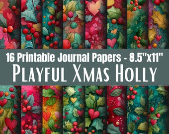 Holly and Berry Digital Paper Pack, Christmas Scrapbook Backgrounds, 8.5x11in