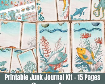 Ocean Life Printable Junk Journal Kit, Nautical Scrapbooking Paper and Ephemera, Sea Animals