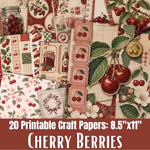 Könnte beinhalten: Eine Sammlung von 20 bedruckbaren Bastelpapieren mit den Maßen 21,59 cm x 27,94 cm, die verschiedene Illustrationen zum Thema Kirschen zeigen, darunter Kirschgläser, Kirschblüten, Torten und Tickets im Vintage-Stil in Rot- und Grüntönen.