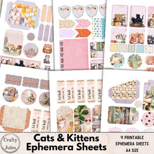 Feuilles éphémères imprimables chats et chatons – 9 pages numériques, embellissements de journaux, fournitures de scrapbooking, téléchargement immédiat