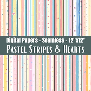 Digitaal papier met pastelkleurige strepen en harten, kleurrijk naadloos plakboek en ambachtelijke patronen, 12 x 12 inch