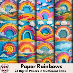 Papiers numériques Paper Rainbows – 24 pages imprimables, 4 tailles différentes, papier découpé, collage, cartes, albums de scrapbooking, journaux intimes, usage commercial