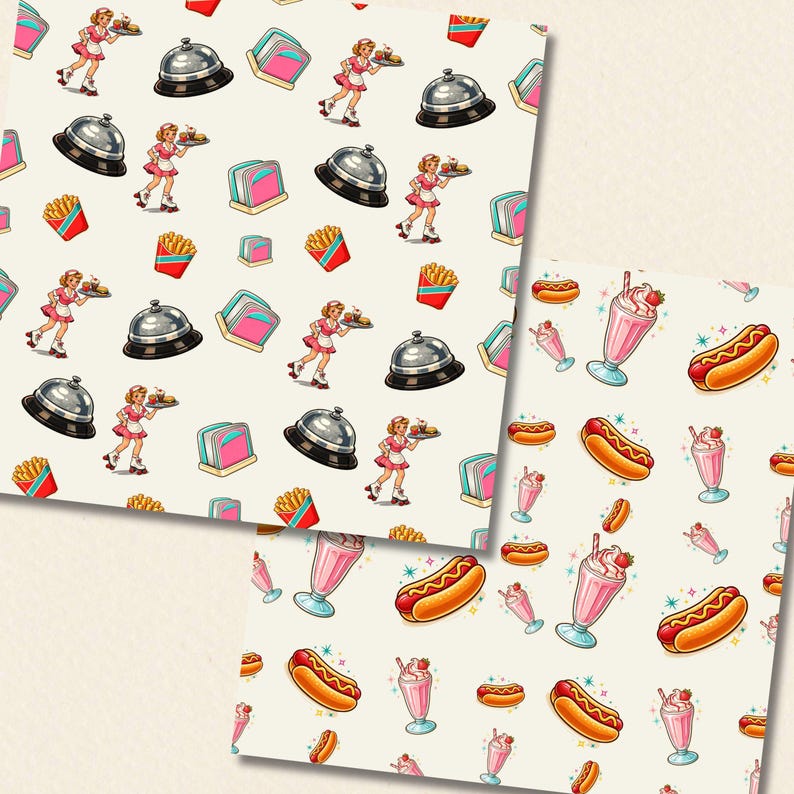 50s Retro American Diner Digital Paper Pack, Seamless Mid Century Food ...