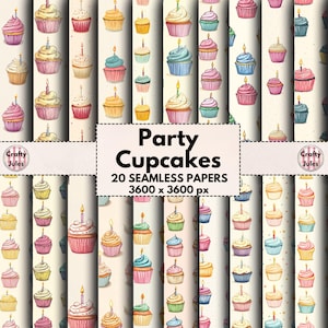 Geburtstag Cupcake Muster, 20 druckbare Papiere, kommerzielle Nutzung, Party Hintergründe für Geschenkboxen, Geschenkverpackungen, Karten, Einladungen