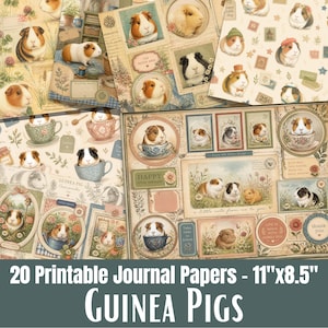 May include: A collection of 20 printable journal papers featuring guinea pigs in various poses and settings. The papers include illustrations of guinea pigs in teacups, stamps, and floral designs. The papers measure 11" x 8.5".