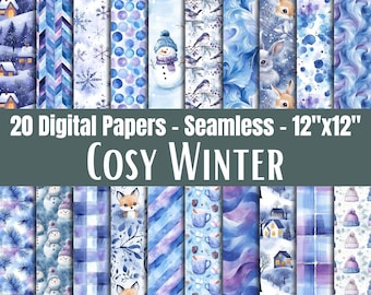 Winter Digital Paper Pack, Blue Purple Seamless Snow Patterns, Watercolor Scrapbook Sheets
