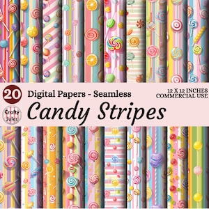 May include: A collection of 20 digital seamless candy stripe papers. The papers feature colorful lollipops and fruit slices on striped backgrounds. Each paper is 12 x 12 inches and suitable for commercial use. The text "Candy Stripes" is displayed prominently.