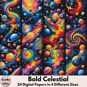 Bold Celestial Digital Papers – 24 páginas para impressão, 4 tamanhos diferentes, planetas, estrelas, constelações, álbuns de recortes, diários, uso comercial