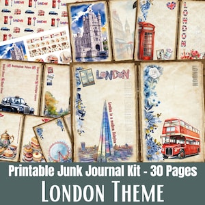 Może przedstawiać: Zestaw drukowanych stron dziennika śmieciowego z motywem Londynu. Strony zawierają ilustracje kultowych londyńskich zabytków, takich jak Tower of London, czerwone budki telefoniczne i piętrowe autobusy. Widoczny jest tekst "London" i "London Theme".