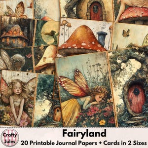 Papeles digitales para diario Fairy Land: 20 páginas imprimibles, tarjetas y ATC para álbumes de recortes, diarios, collages y creación de tarjetas. Descarga instantánea.