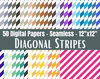 May include: A collection of 50 seamless digital papers featuring diagonal stripes in various color palettes. The image includes text stating 50 Digital Papers - Seamless - 12"x12" Diagonal Stripes, showcasing patterns in shades of blue, brown, purple, and pink.