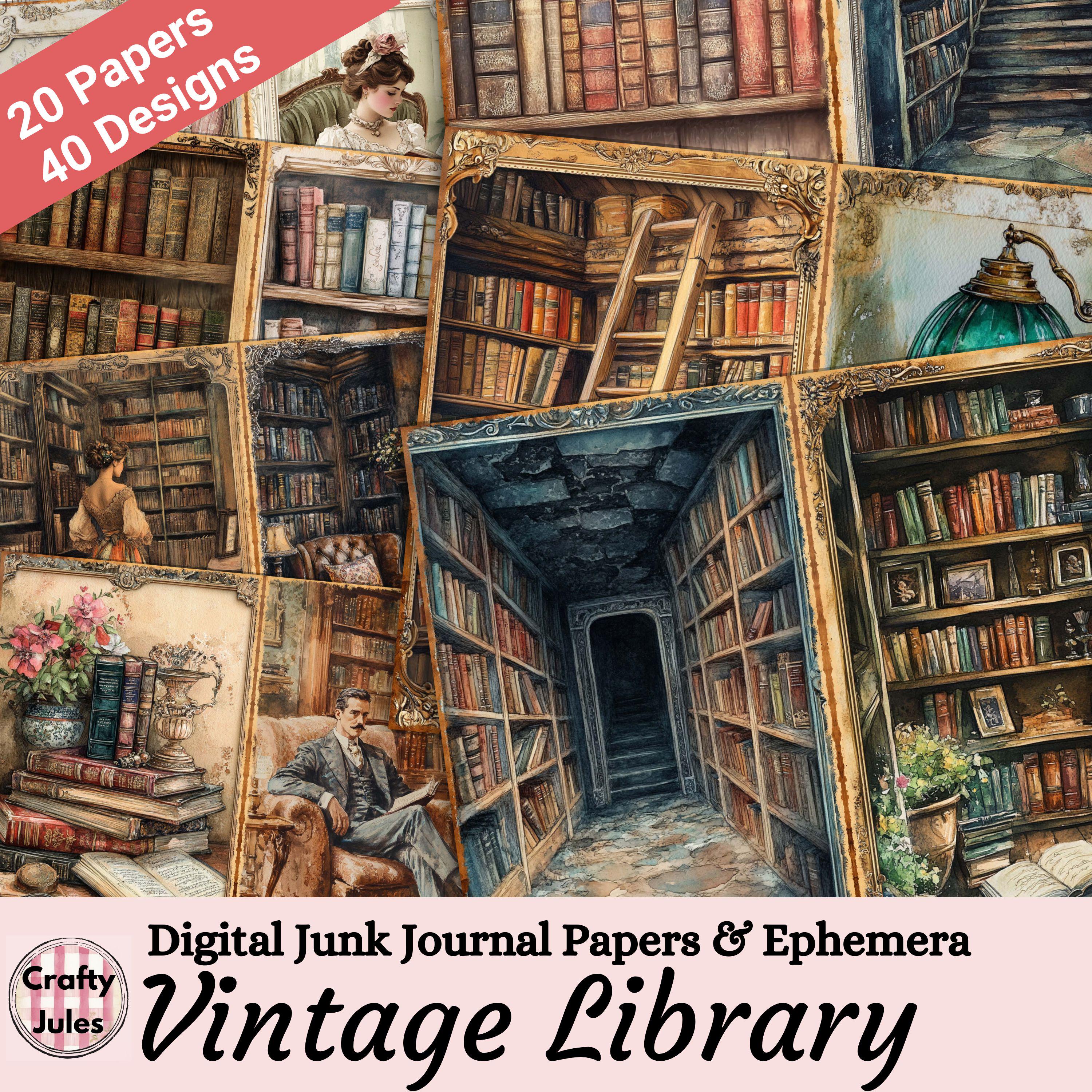 Vintage Library Junk Journal Papers & Ephemera, Book Themed Scrapbook ...
