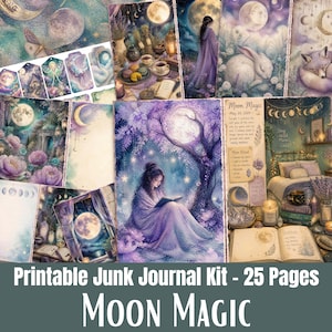 May include: A collection of printable junk journal pages with a celestial theme. The pages feature watercolor illustrations of the moon, stars, and mystical figures. The text "Moon Magic" and "Printable Junk Journal Kit - 25 Pages" are displayed.