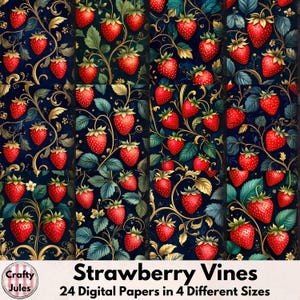 Carta digitale Strawberry – 24 pagine stampabili, 4 diverse dimensioni, sfondi scuri, viticci, frutta artistica, album di ritagli, diari, uso commerciale