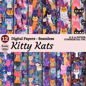 Puede incluir: Una colección de 12 papeles digitales sin costuras con ilustraciones de gatos coloridos y caprichosos. Los papeles muestran varios diseños de gatos en una vibrante gama de colores, con el texto "Kitty Kats" y "12 x 12 pulgadas" visibles.