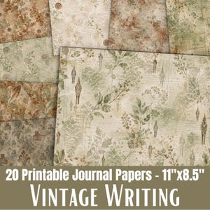 Puede incluir: Una colección de veinte papeles de diario imprimibles de 27,9 cm por 21,6 cm, con diseños de inspiración vintage que incluyen ilustraciones botánicas, plumillas de caligrafía, escritura desvanecida y patrones de damasco en tonos verdes, marrones y crema.