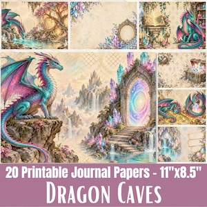 Può includere: Un set di 20 fogli per diario stampabili di 27,9 per 21,6 cm, con illustrazioni fantasy di draghi color verde acqua e viola, portali di cristallo luminosi, cascate, forzieri del tesoro e libri antichi in uno stile dettagliato e colorato.