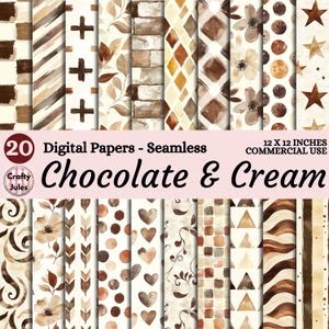 以下が含まれることがあります： チョコレートとクリーム色の配色で、シームレスなデザインのデジタルペーパー20枚のコレクション。各ペーパーには、十字、葉、幾何学模様など、ユニークなパターンが施されています。これらのペーパーは30.48 x 30.48 cmで、商用利用に適しています。