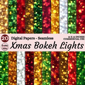 May include: A collection of 20 digital seamless papers with a bokeh light effect. The papers feature various colors, including gold, green, red, and white. The text "Xmas Bokeh Lights" is displayed, along with the dimensions of 12 x 12 inches.