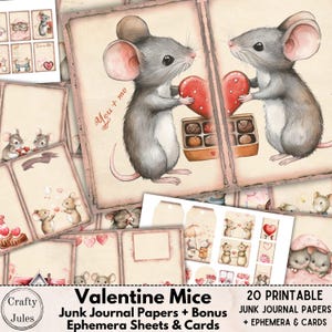 Papeles digitales para diario basura de Valentine Mice: 20 páginas imprimibles, 2 hojas de efímeras adicionales, 40 tarjetas adicionales en 2 tamaños, kit de diario, álbumes de recortes